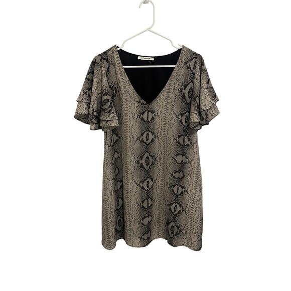 Caramela Women's Medium Gray Black Snake Print V-Neck Flutter Short Sleeve Dress - Picture 2 of 5